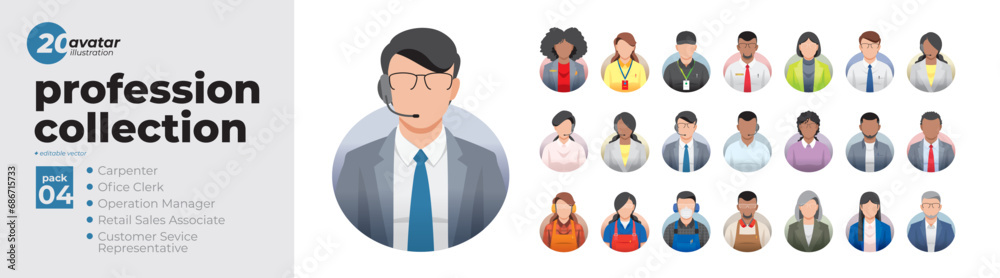 Profession avatar collection. Set of illustrations of men and women in various types of work attire