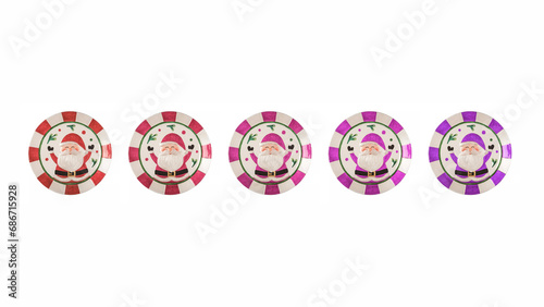 Group of five colorful Santa Claus plates, isolated on white background.