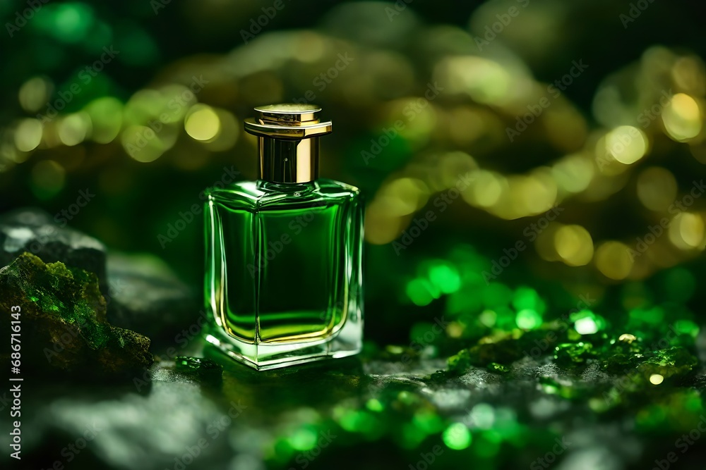 classy green perfume bottle , bokeh sparkles and shiny lights , precious perfume template
