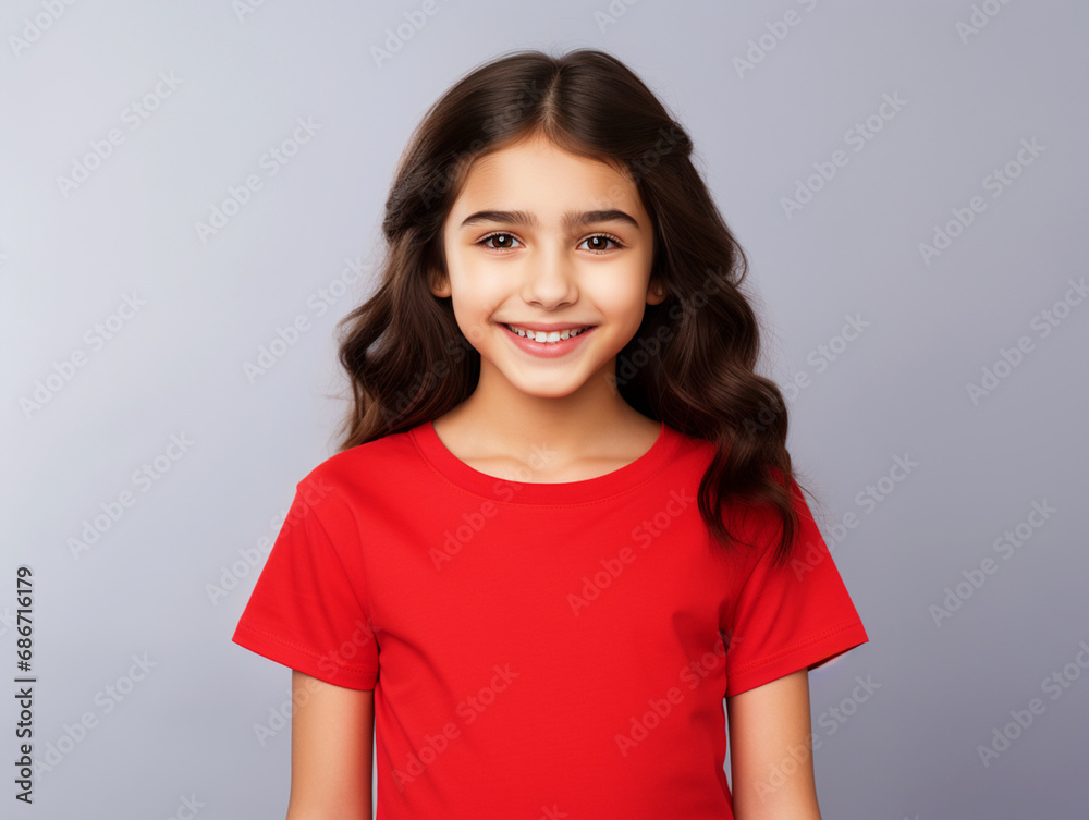 Girl wearing a plain tshirt standing in front of isolated gray background - ai generative Girl wearing a plain tshirt standing in front of isolated gray background - ai generative