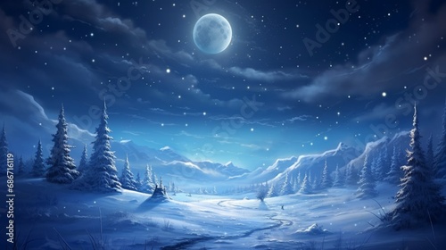 snowflakes caught in the glow of a full moon, casting a magical and serene atmosphere over a snow-covered meadow