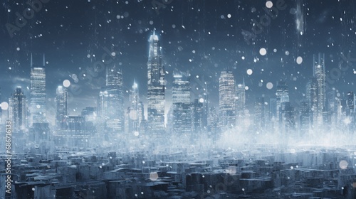 snowflakes caught in the midst of a gentle snowfall, with each crystal capturing the ambient light of a cityscape