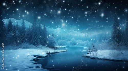 snowflakes caught in the glow of a full moon, creating a magical and serene atmosphere in a snow-covered meadow