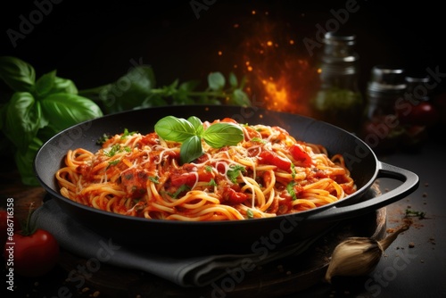 Pasta with tomato sauce in a black pan