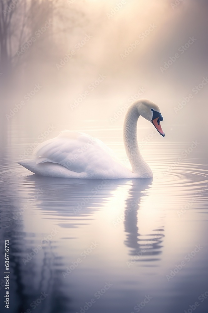 Fototapeta premium beautiful white swan swimming at lake or pond water in morning mist, serene bird at river in fog at sunset or sunrise