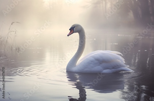 beautiful white swan swimming at lake or pond water in morning mist, serene bird at river in fog at sunset or sunrise © goami