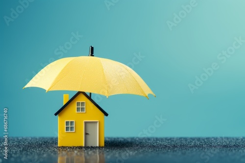 Yellow Umbrella Shielding Miniature House  Concept of Home Insurance Protection