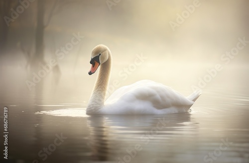 beautiful white swan swimming at lake or pond water in morning mist  serene bird at river in fog at sunset or sunrise