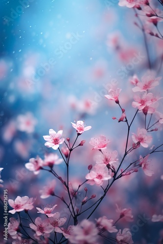 pink cherry or sakura flowers blooming at spring background, blossoming at garden