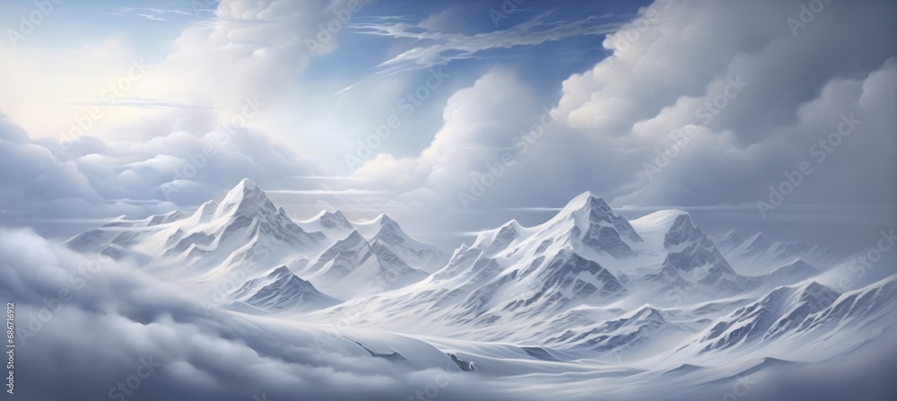 Breathtaking landscape  view over the most amazing mountain range valley with high snow covered peaks - frigid cold winter white clouds far into the distant horizon - idyllic dreamlike natural beauty.