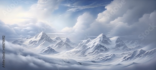 Breathtaking landscape view over the most amazing mountain range valley with high snow covered peaks - frigid cold winter white clouds far into the distant horizon - idyllic dreamlike natural beauty.
