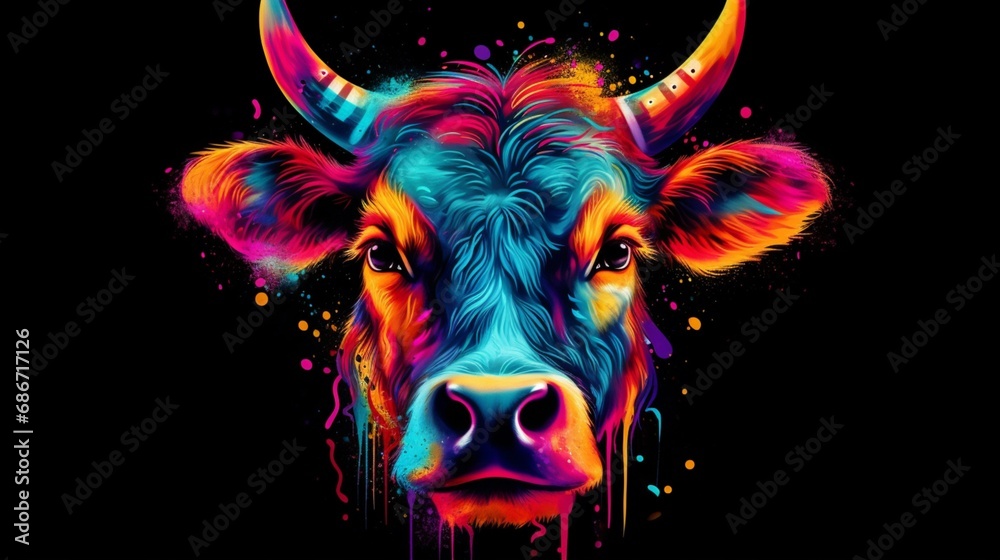 psychedelic portrait art of a cow black background.Generative AI