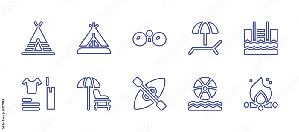 Holiday line icon set. Editable stroke. Vector illustration. Containing tent, beach umbrella, lifeguard chair, ball, tipi, binoculars, swimming pool, packing, kayak, bonfire.