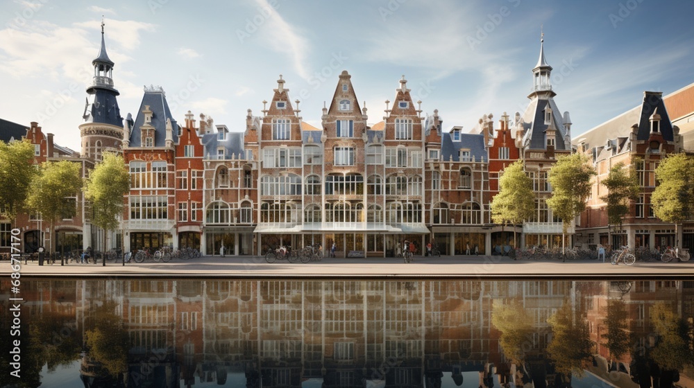 The intersection of tradition and modernity is beautifully captured in this Dutch architectural marvel, featuring intricate brickwork and glass expanses