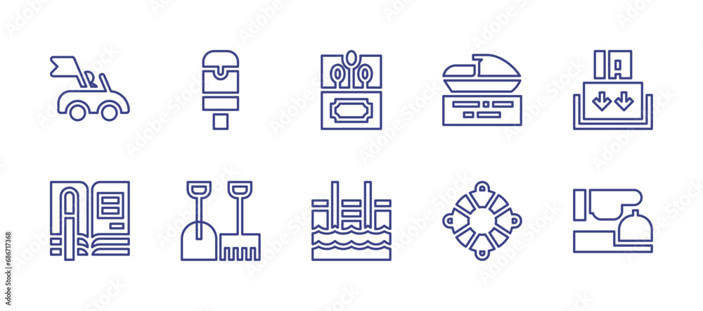 Holiday line icon set. Editable stroke. Vector illustration. Containing ice pop, jet ski, shovel, lifesaver, car, matches, keycard, register, swimming pool, reception.