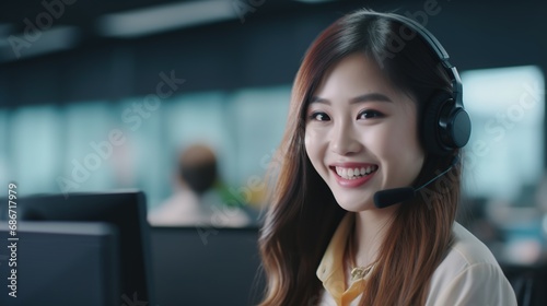 Customer service executive working. Asian woman