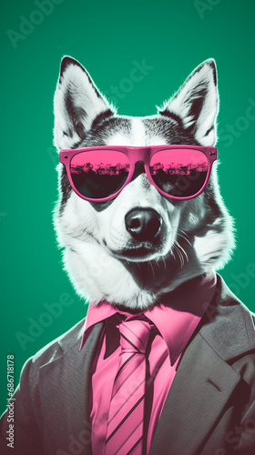 husky dog surreal scene  art school poster style  emerald golden pink created with Generative Ai