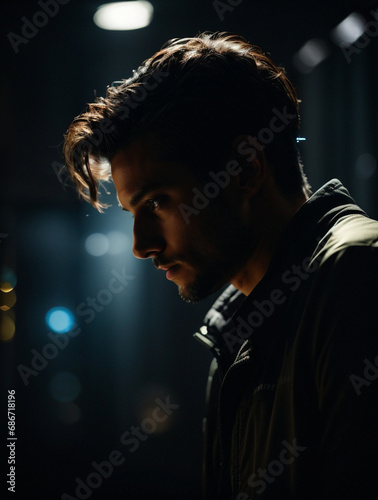 Side view of dark portrait of a young man on black background © BNMK0819