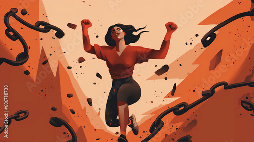 A determined and confident woman exults as she breaks away from the strong shackles, amidst a backdrop of rugged mountains, illustrating her bold liberation from societal constraints, personal doubts