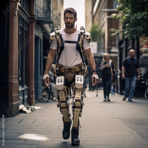 Man wearing high tech exoskeleton. Great for stories on robotics, workforce, futuristic healthcare, bionics, exosuit and more. 
