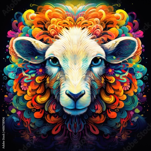 Colorful sheep mandala art on black background.