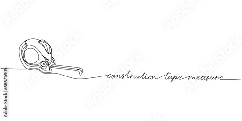 Tape measure, Construction tape, length measurement one line art. Continuous line drawing of repair, professional, hand, people, concept, support, maintenance with inscription, lettering, handwritten.