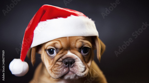 Christmas puppy - english bulldog wearing santa hat on black background. © Synthetica