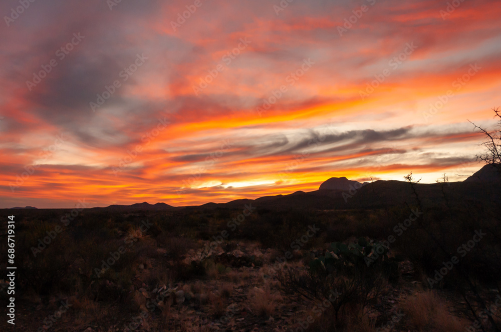 Red sunset over stone desert in Texas, Big Bend National Park Red sunset over stone desert in Texas, Big Bend National Park