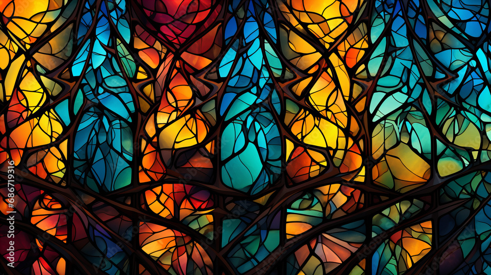 colorful stained glass background with the motif of trees and branches - obrazy, fototapety, plakaty 