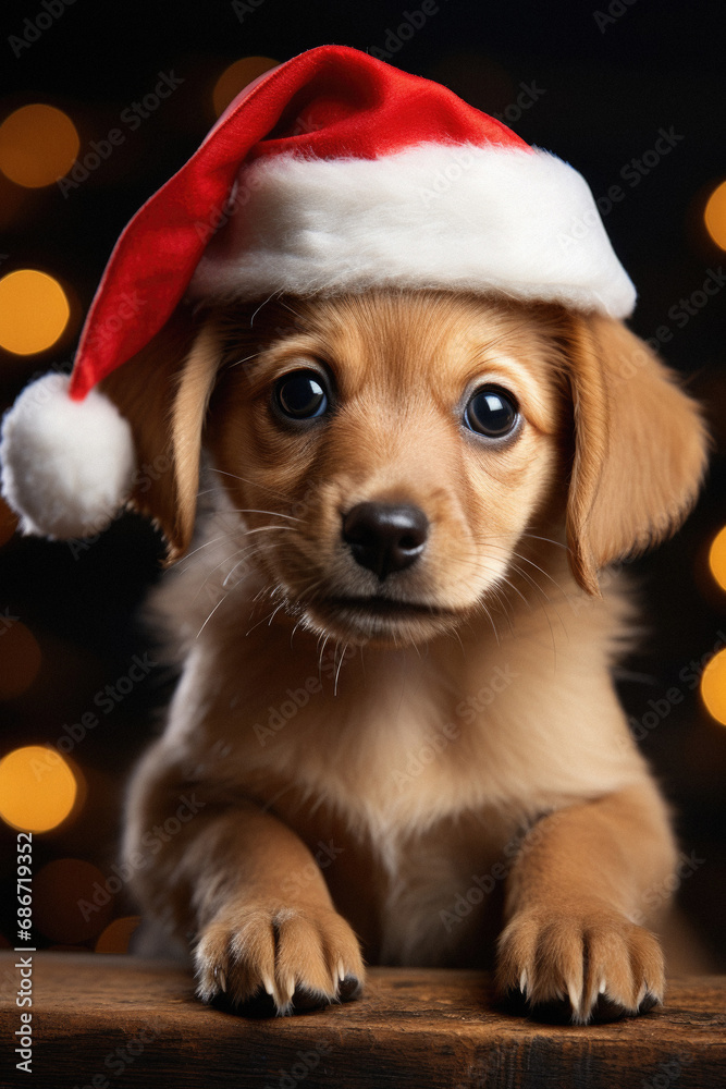 Cute puppy in Santa hat on wooden table on bokeh background.