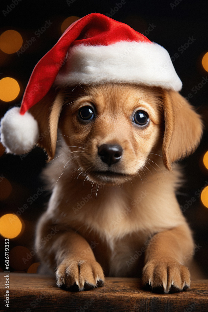Cute puppy in Santa hat on wooden table on bokeh background. Cute puppy in Santa hat on wooden table on bokeh background.
