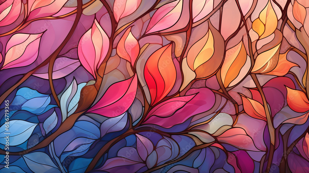 colorful stained glass background with leaves and branches