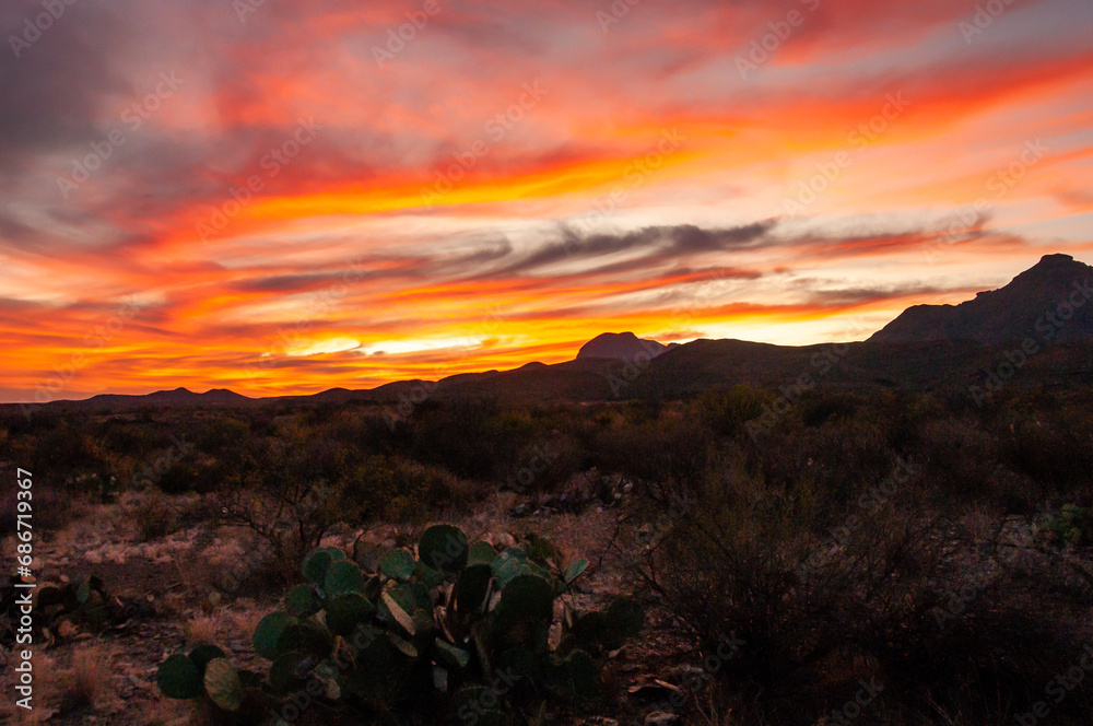 Red sunset over stone desert in Texas, Big Bend National Park Red sunset over stone desert in Texas, Big Bend National Park