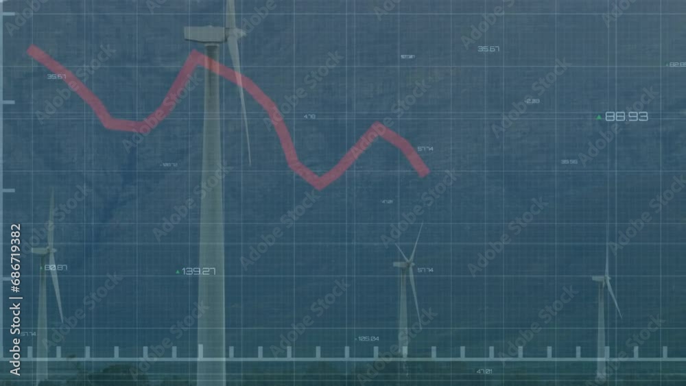 Animation of falling graphs and changing numbers over spinning windmills against mountains Animation of falling graphs and changing numbers over spinning windmills against mountains