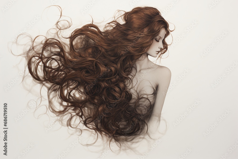 long brown curly hair on white isolated background