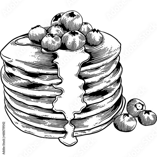 Hand drawn Pancake with Blueberries Sketch Illustration