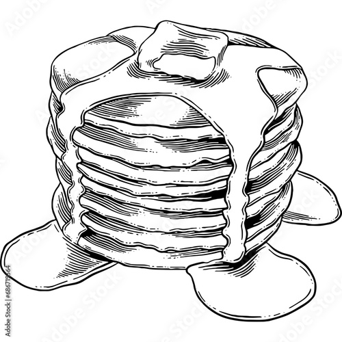 Hand drawn Pancake with Butter and Maple Syrup Sketch Illustration