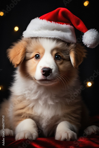 Cute puppy of Australian Shepherd in Santa Claus hat on black background.