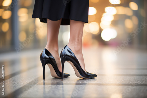 Woman's feet in elegant black high heel shoe son street photo