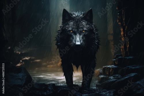 a black wolf in a cave. Ai ilustration. digital painting. Generative AI Artificial Intelligence Artwork