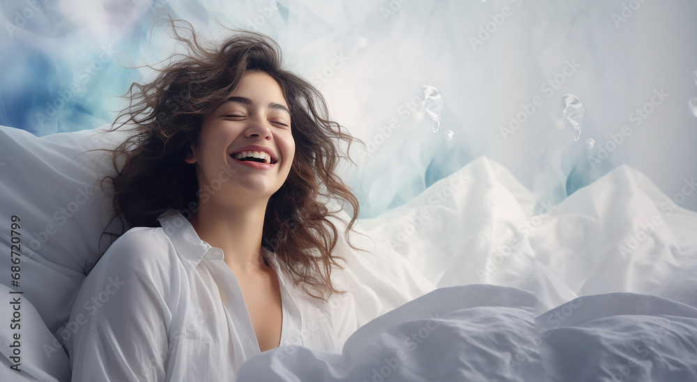 bellissima ragazza sorridente appena sveglia nel suo letto tra cuscini bianchi e lenzuola candide bellissima ragazza sorridente appena sveglia nel suo letto tra cuscini bianchi e lenzuola candide
