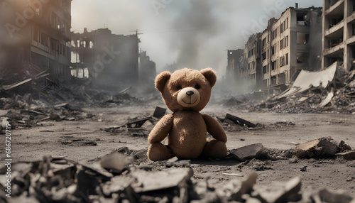 Dirty, broken children's teddy bear toy burnt over city destruction of a post-war conflict, earthquake or fire and smoke