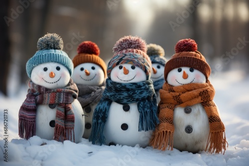 Group of adorable small snowmen adorned with colorful scarves, generative ai © 3D Lab Academy