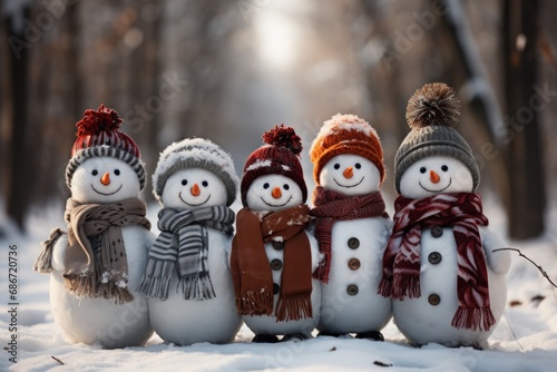 Group of adorable small snowmen adorned with colorful scarves, generative ai