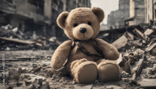 Dirty, broken children's teddy bear toy burnt over city destruction of a post-war conflict, earthquake or fire and smoke