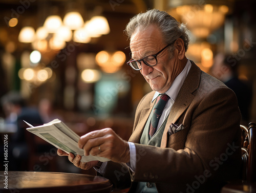 uomo d'affari anziano con capelli brizzolati che legge dei documenti o una brochure, sfondo sfocato di coffe shop photo
