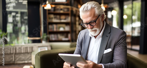 uomo d'affari anziano con capelli brizzolati che legge dei documenti o le notizie su un dispositivo tecnologico, sfondo sfocato di coffe shop photo