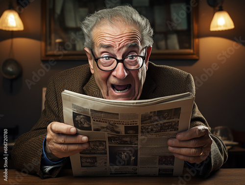 anziano con occhiali sconvolto da una notizia letta sui giornali, vista frontale photo