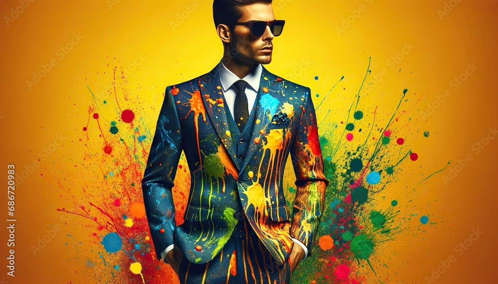 Fototapeta premium Modern suit splashed with colors evokes a festive spirit in a bold fashion statement