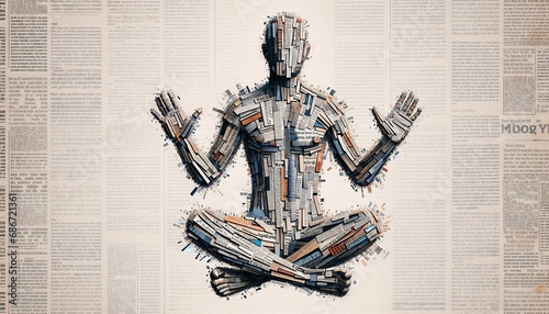 Artistic human silhouette crafted from newspaper clippings, merging media with humanity photo